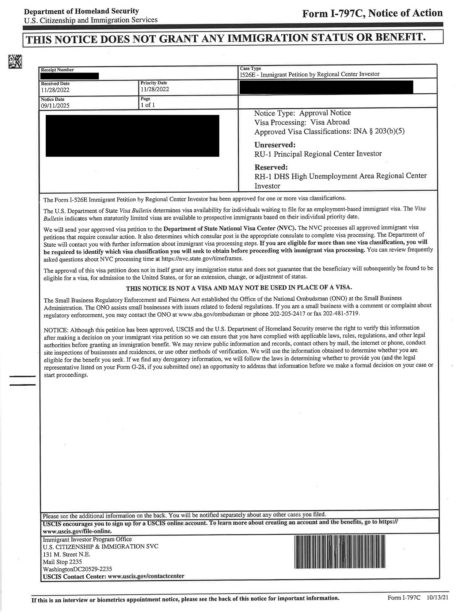 I-526 – Approval Notice